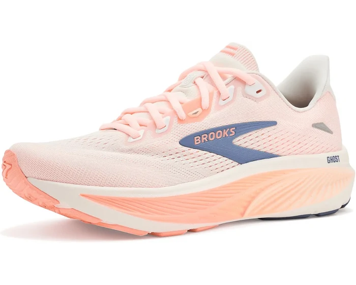 Women's Brooks Ghost 18 in Star White/Cyber Peach/Grey