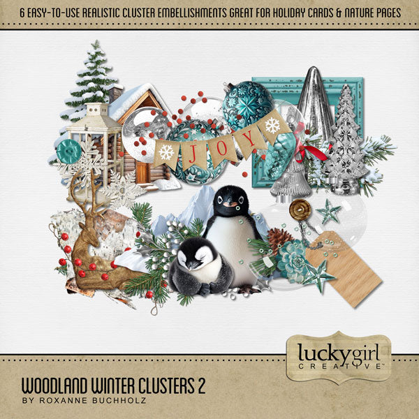 Add these realistic clusters by Lucky Girl Creative digital art to all your Christmas greeting cards, holiday decor, and winter pages. Great for outdoor and nature pages, too. Easy-to-use and ready to go! Embellishments include deer, penguin, snow, cabin, Christmas tree, stars, lantern, ornaments, and more! This kit is included in the Woodland Winter Bundle 2.